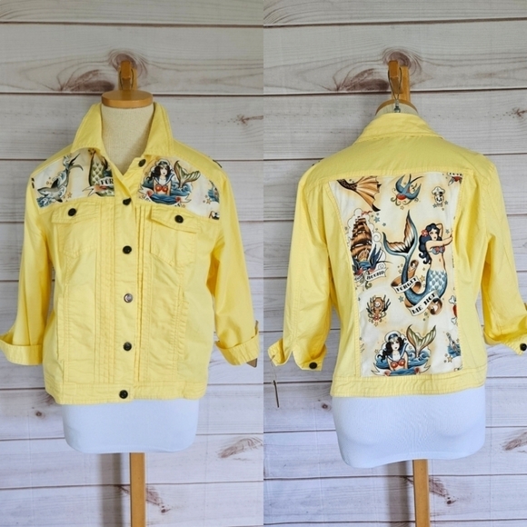 Handmade Forget Me Knot Mermaid Tattoo Flash Jacket in Yellow and Blue Sz XL NWT - Picture 1 of 11